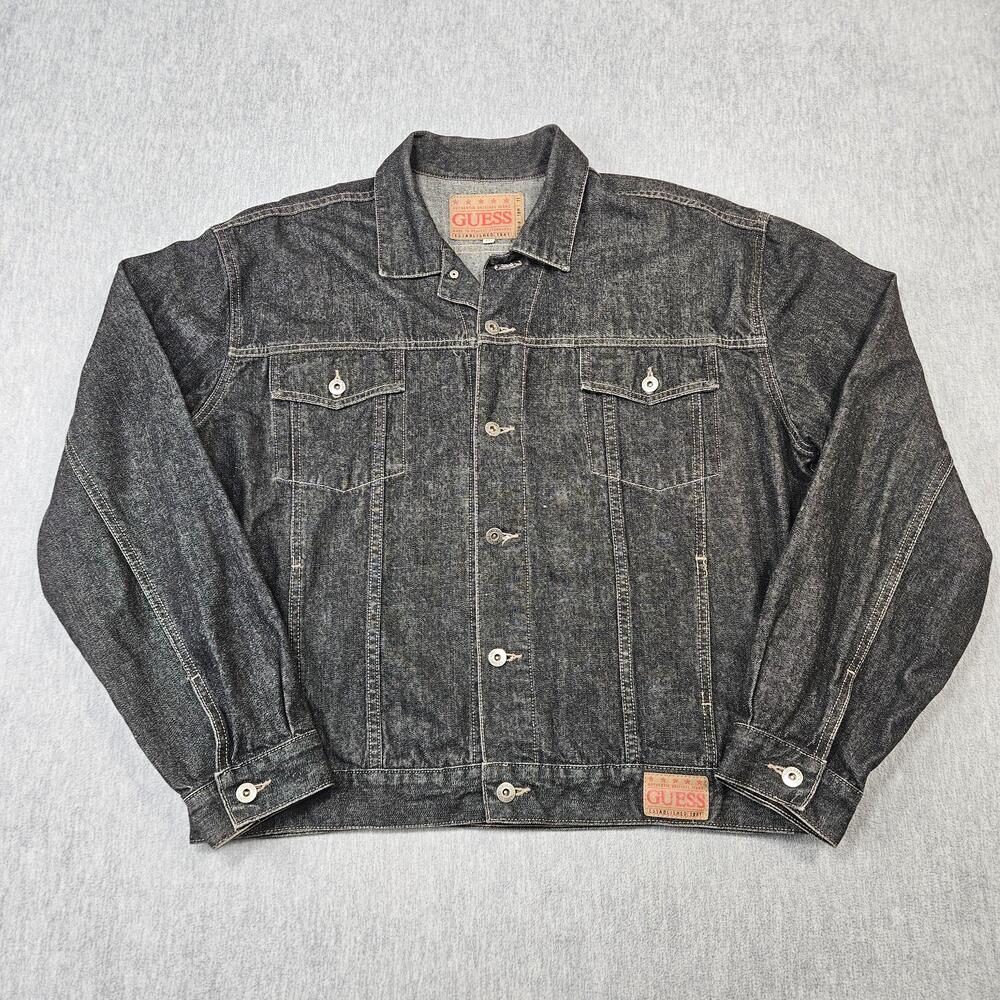 Vintage GUESS Jacket Mens 2XL Black Denim Trucker Made In USA